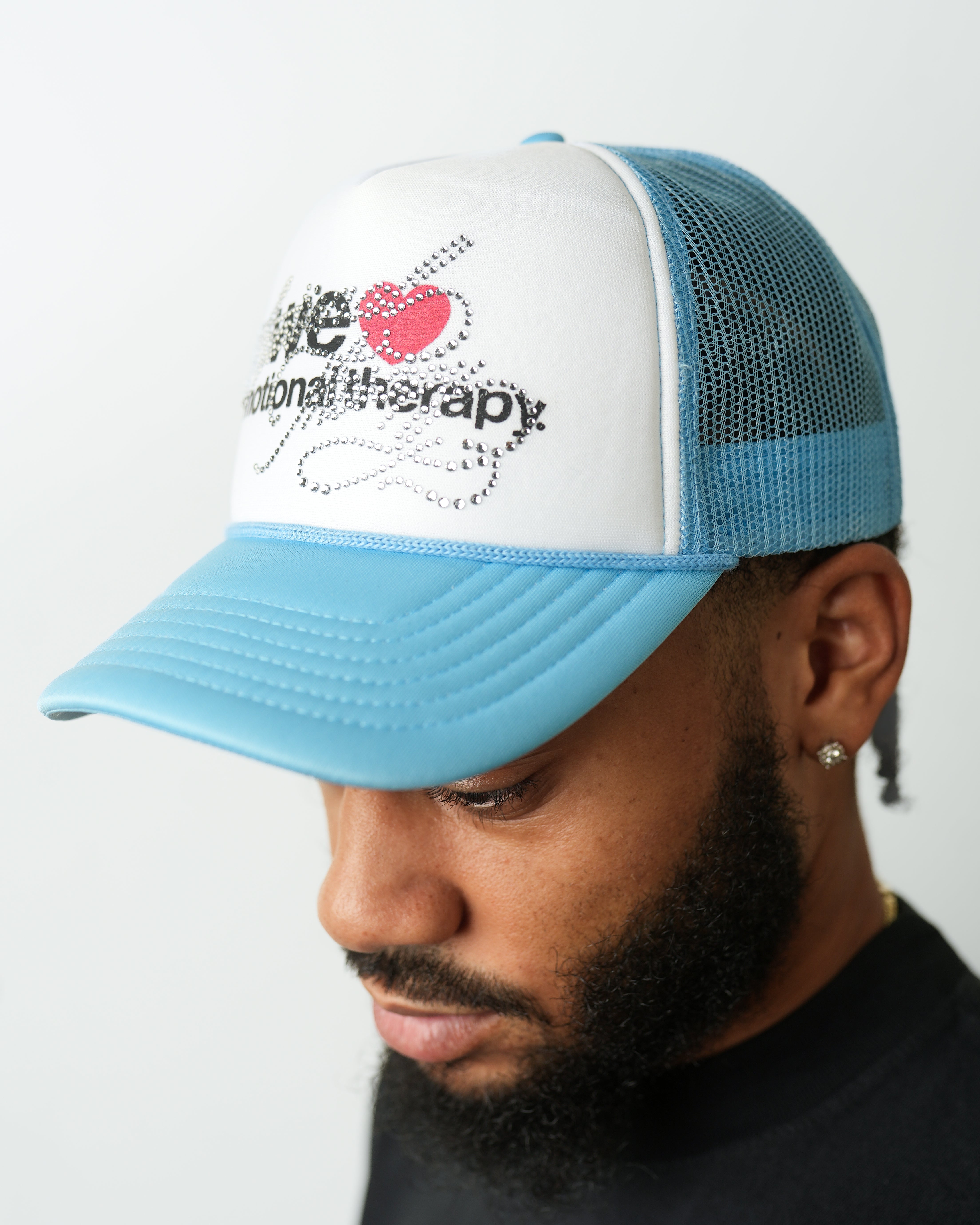 WE ❤️ EMOTIONAL THERAPY TRUCKER CAP (BLUE) RHINESTONE
